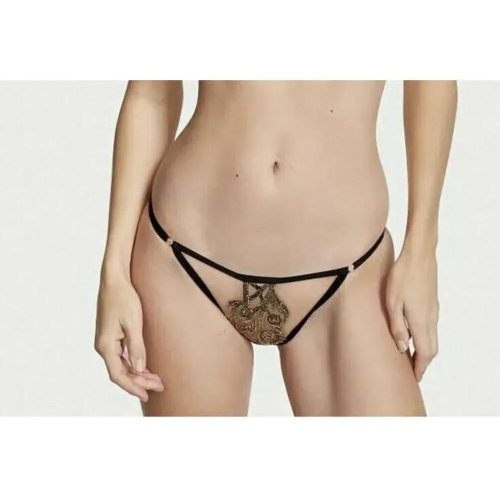 Victoria's Secret Embroidered Open Cup‎ Bra String Bikini Set 36B / S Black Gold